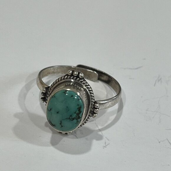 Vintage Ornate Turquoise Sterling Silver Ring Size 8 Approx 6.8 Grams Adjustable - Picture 1 of 9